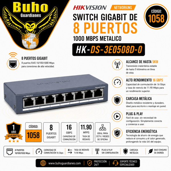 1058 - SWITCH GIGABIT DE 8 PUERTOS 1000 MBPS METALICO
