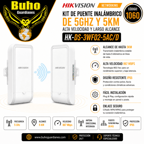 1060 - KIT BRIDGE INALAM EXTERIOR 5GHZ 867MBPS 1-5 KM. 2X10/100MBPS RJ45P (DIRECCIONAL)