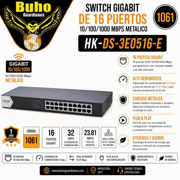 1061 - SWITCH GIGABIT DE 16 PUERTOS10/100/1000 MBPS METALICO