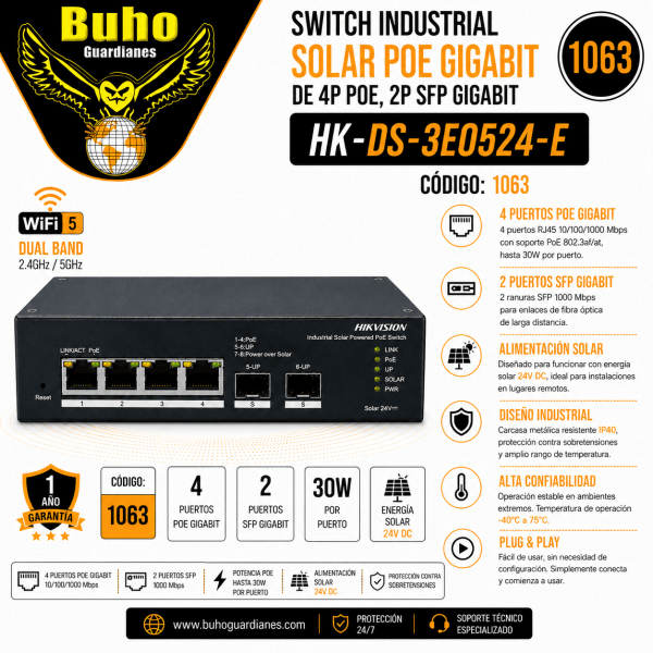 1063 - SWITCH INDUSTRIAL SOLAR POE GIGABIT DE 4P POE, 2P SFP GIGABIT