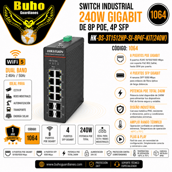 1064 - KIT SWITCH INDUSTRIAL 240W GIGABIT DE 8P POE, 4P SFP