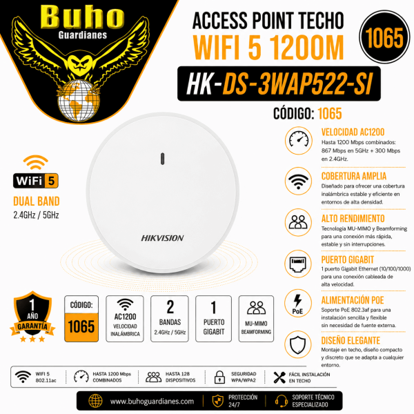 1065 - ACCESS POINT TECHO WIFI 5 1200M. 1P GIGABIT POE. 80 USUARIOS EN SIMULTANEO