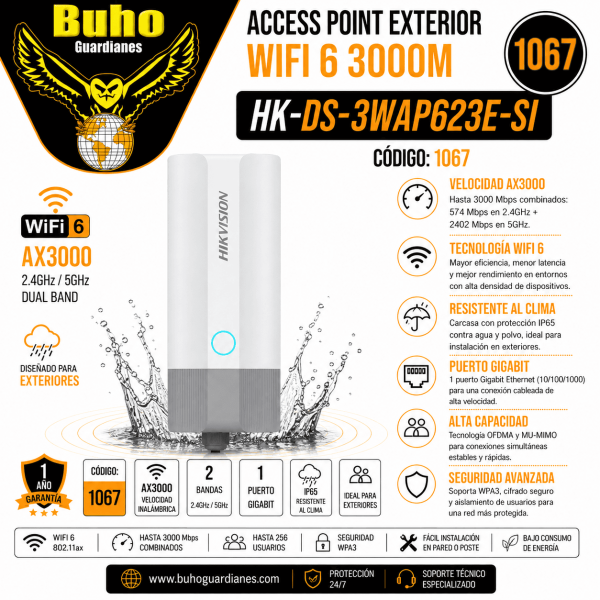 1067 - ACCESS POINT EXTERIOR WIFI 6 3000M. 1P GIGABIT POE. 100 USUARIOS EN SIMULTANEO
