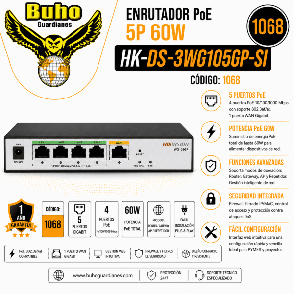1068 - ROUTER POE 5P 60W / 1P WAN GIGABIT / 4P LAN POE GIGABIT CON 1P CONMUTADO LAN/WAN