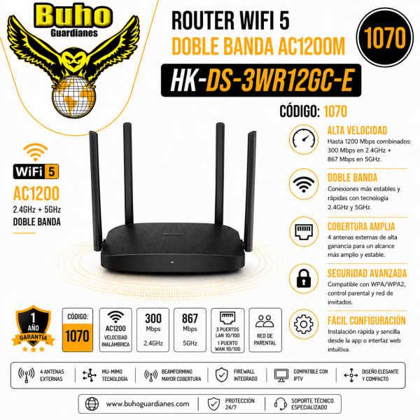1070 - ROUTER WIFI 5 DOBLE BANDA AC1200M 10/100 MBPS. 1P WAN Y 3P LAN