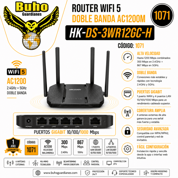 1071 - ROUTER WIFI 5 DOBLE BANDA AC1200M 10/100 MBPS. SOPORTA MESH. 1P WAN Y 3P LAN