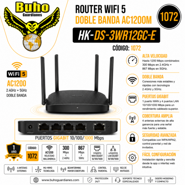 1072 - ROUTER WIFI 5 DOBLE BANDA AC1200M 10/100/1000 MBPS. 1P WAN Y 3P LAN