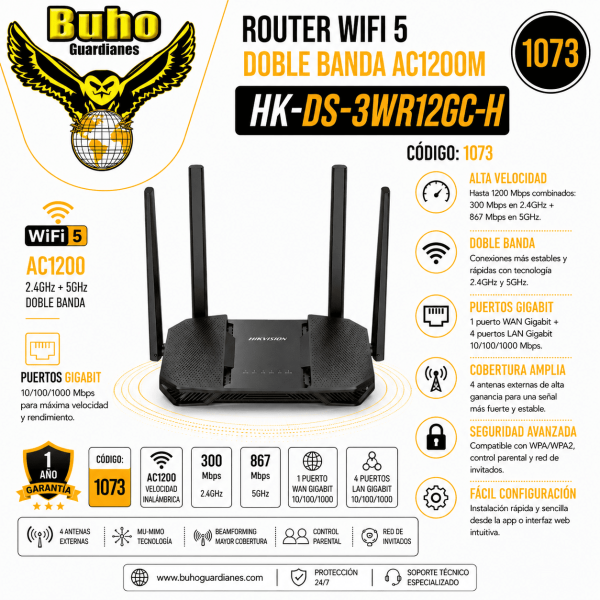 1073 - ROUTER WIFI 5 DOBLE BANDA AC1200M 10/100/1000 MBPS. SOPORTA MESH. 1P WAN Y 3P LAN