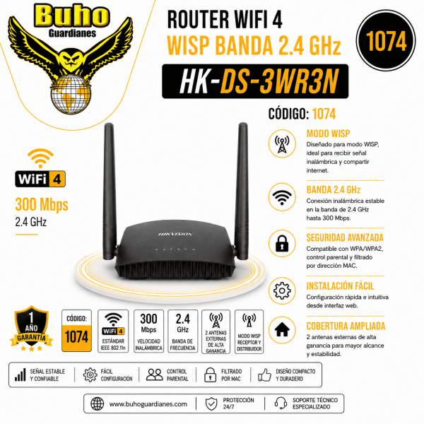 1074 - ROUTER WIFI 4 WISP BANDA 2.4 GHZ. 300 MBPS. 4P CON 2 ANTENAS DE 5 DBI
