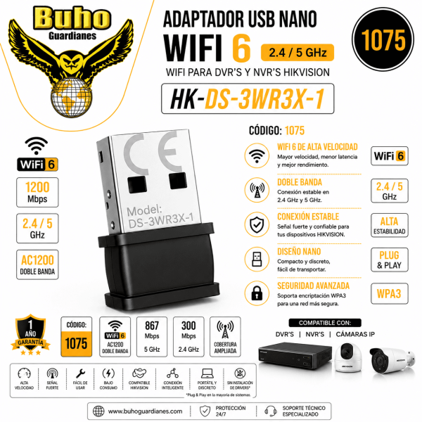 1075 - ADAPTADOR USB NANO WIFI 6. CONECTIVIDAD WIFI A DVR'S Y NVR'S HIKVISION