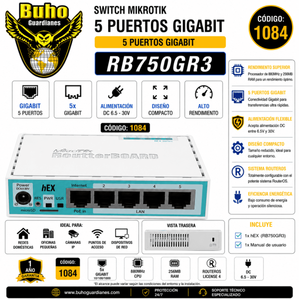 1084 - Mikrotik RB750GR3 Router de 5 Puertos Gigabit 256MB RAM