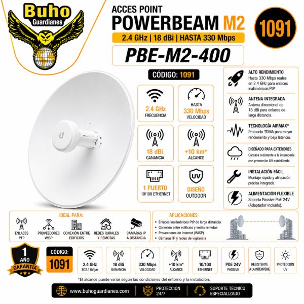 1091 - UBIQUITI PBE-M2-400 Acces Point 2.4GHz 18dBi 330mb 10/100