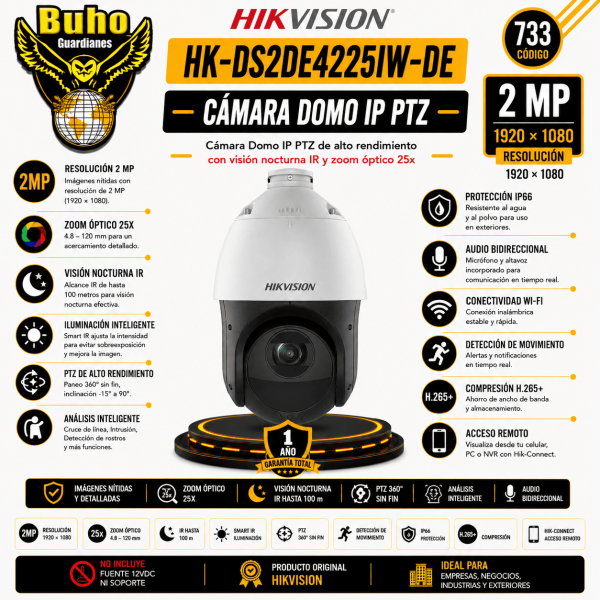 733-Camara Domo IP PTZ 2 Megapixeles Zoom 25x Infrarojo 100Mts Entrada Salida de Alarma y Audio MicroSd