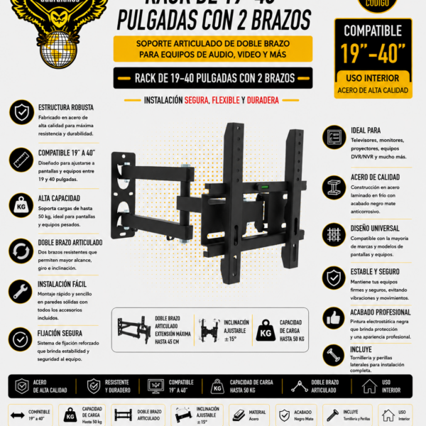 1216-RACK PARA TV DE 19-40 PULGADAS - 2 BRAZOS