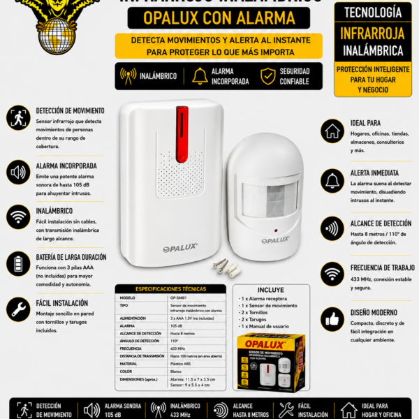 1219-Sensor de Movimiento Opalux con Alarma OP-9816L