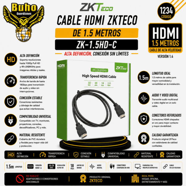 1234-ZKTECO Cable HDMI 2.0 4K 1.5m