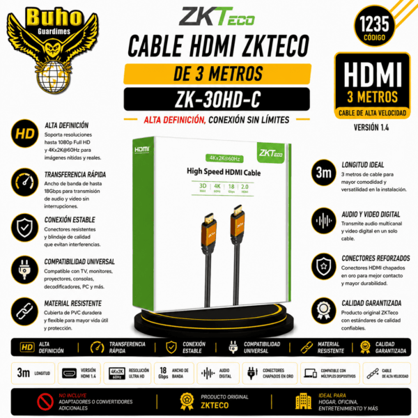 1235-ZKTECO Cable HDMI 2.0 4K 3m