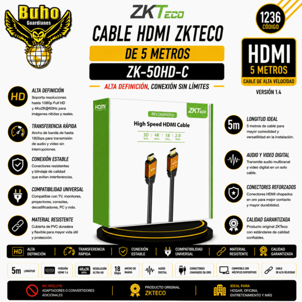 1236-ZKTECO Cable HDMI 2.0 4K 5m