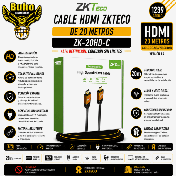 1239-ZKTECO Cable HDMI 2.0 4K 20m