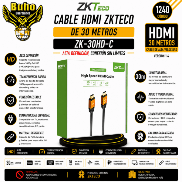 1240-ZKTECO Cable HDMI 2.0 4K 30m